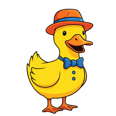 Cartoon yellow duck wearing an orange hat and blue bow tie illustration