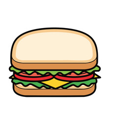 Cartoon Sandwich with Lettuce, Tomato, Cheese, and Soft Bread Illustration