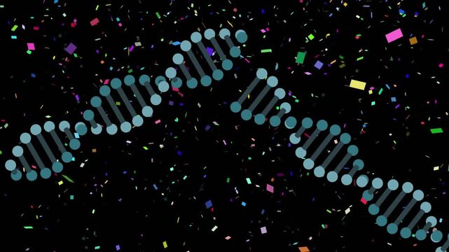 Two teal animated helix strands emerging from confetti field, extending and aligning into arch