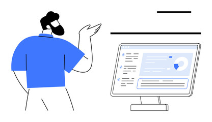 Man gesturing at screen with data charts, graphs, and text. Ideal for analytics, presentation, teamwork, education, information sharing business planning and communication. Simple flat metaphor
