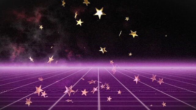 Horizon pulsing, stars popping, falling, crossing neon grid, spreading, fading, adding synth vibe