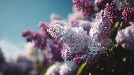 Beautiful lilac flowers blooming in bright sunlight against a clear blue sky, showcasing nature's vibrant colors and delicate petals in a serene setting