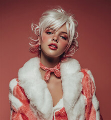 High-definition holiday photoshoot showcasing a chic model in glamorous red-and-white fashion. Refined styling and studio lighting highlight contemporary seasonal beauty
