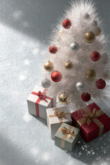 A modern Christmas composition features an elegant white and red tree design against a clean solid background. The clean layout, refined minimalism evoke a stylish seasonal atmosphere