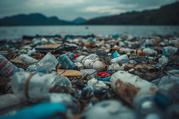 Big plastic pollution. Very important plastic and trash pollution on beautiful lake.
