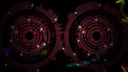 Twin red concentric rings appearing, sparking arcs and specks flowing into ribbons to show energy - Powered by Adobe