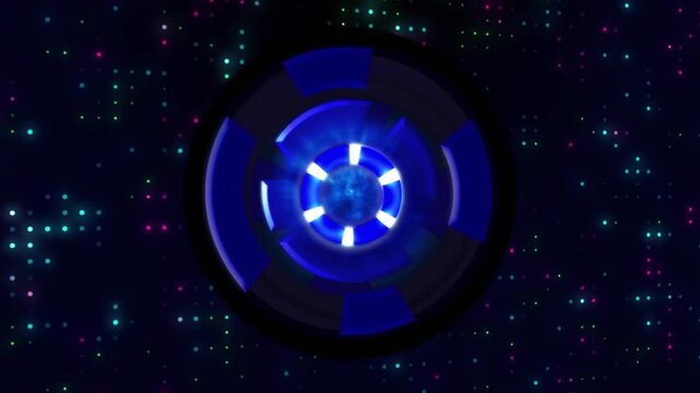 Glowing hub receiving pulse, rotating outer ring and six bars, pulsing core, indicating running