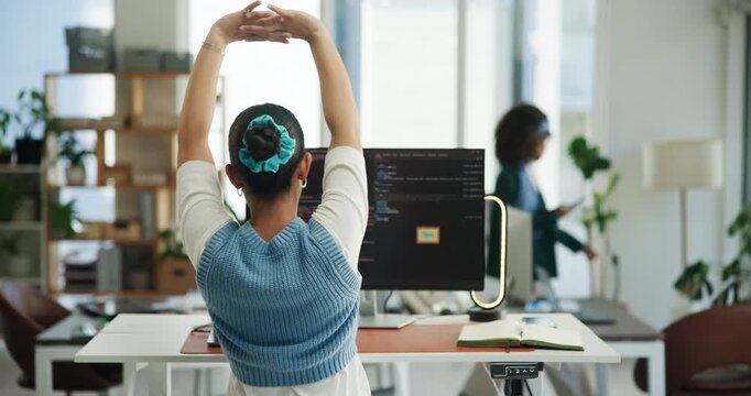 Back, woman and stretching with computer in office to start day, programming or debugging code. Person, prepare or pc for software update, backend script and testing server upgrade of web development