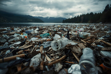 Big plastic pollution. Very important plastic and trash pollution on beautiful lake.
