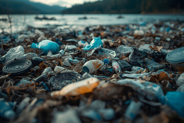 Big plastic pollution. Very important plastic and trash pollution on beautiful lake.