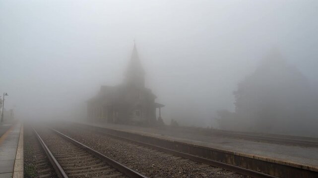 Slow motion thick fog enveloping an abandoned train station. Mystery, eerie atmosphere, travel, and cinematic suspense background.