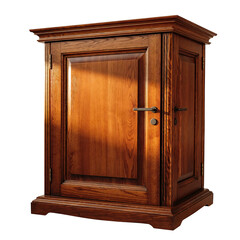 Antique wooden cabinet with ornate carvings and metal handles bathed in warm sunlight against a transparent background realistic sculpture