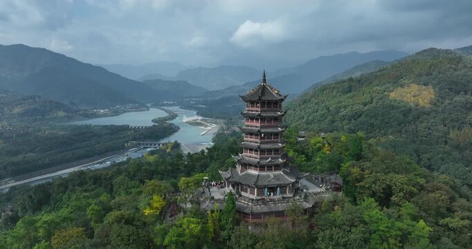 Aerial footage of landscape in dujiangyan, Sichuan province,China