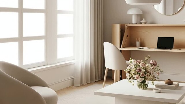 Serene and sunlit modern interior design featuring a minimalist home office nook and cozy living area, bathed in natural light with elegant neutral decor and fresh flowers