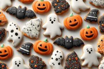 Homemade Halloween cookies on a white background, top view. With Generative AI technology