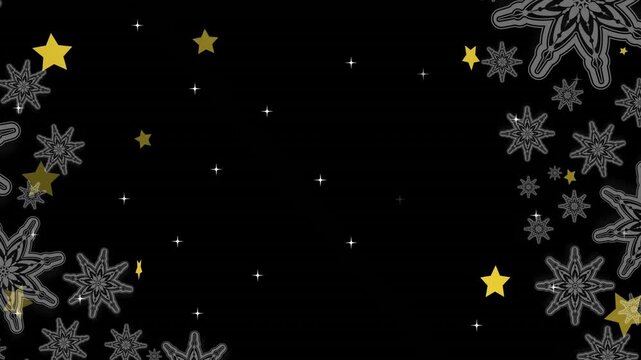 Starfield forming frame, starting with grey flake outlines from edges, yellow stars drifting inward