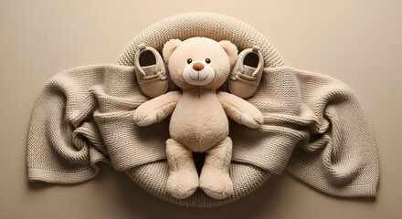 Teddy bear, baby shoes and knitted blanket, adorable baby announcement concept
