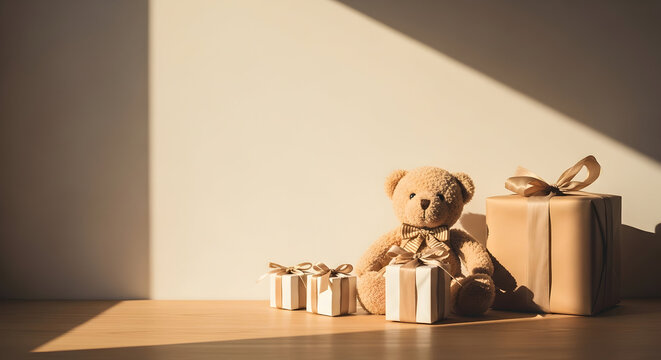 Warm and comforting teddy bear with gifts under soft sunlight, a serene scene