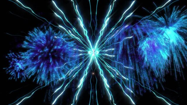 Cyan core brightening pulsing emitting beams launching cyan bursts expanding trailing filling frame