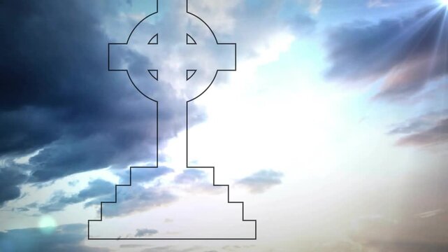 Outlined Celtic cross remaining centered while sunrise light brightening sky to signal dawn