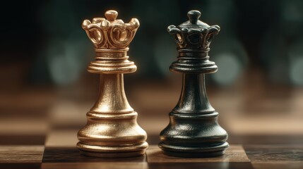 Fototapeta premium Chess Queen Piece Gold Black Strategy Game Challenge