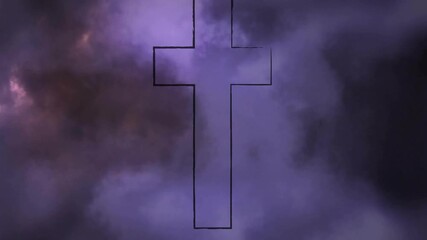 Purple clouds moving causing warm glow rising behind center cross, clouds pulsing, calming for mood - Powered by Adobe