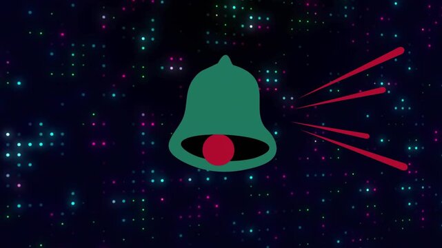 Bell appearing near top, growing, tilting, swinging and emitting streaks, indicating alert pulses