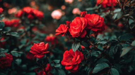 Vibrant Red Roses Blooming Beautifully in a Lush Garden Filled with Soft Green Leaves and Delicate Pink Flowers Under Natural Light