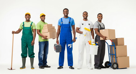 Diverse group of five African American men in various worker uniforms standing together.