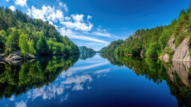 Tranquil lake surrounded by lush green forest reflecting blue sky and clouds in calm waters during bright sunny day in serene nature setting