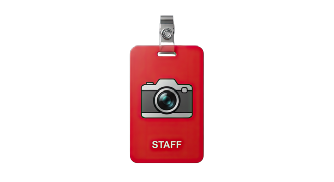 Red Staff Lanyard With Camera Icon And Silver Clip On Transparent Background