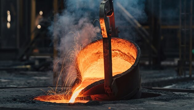 Molten metal sparks industrial power, glowing stream pours into mold, intense heat, energetic atmosphere, heavy manufacturing, vibrant production process, steel foundry scene.