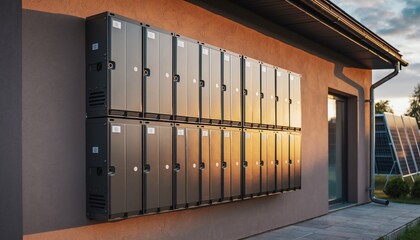Modern solar battery wall array, sunlight reflecting on sleek panels, clean energy solution for sustainable homes, innovative technology for renewable power storage.