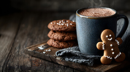 A gingerbread man and cookies are in a mug of hot chocolate on a dark wooden table. There is an empty space for writing.