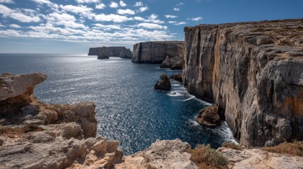 Obraz premium Breathtaking coastal cliffs and azure waters under a cloudy sky in a tranquil Mediterranean landscape surrounded by rocky outcrops