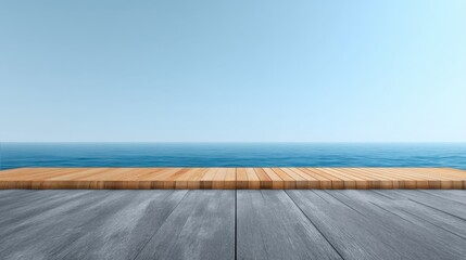 Fototapeta premium Serene Waterfront Deck with Calm Water and Clear Sky Perfect for Relaxation, Meditation, and Scenic Photography Opportunities in Nature's Beauty