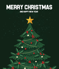Fototapeta premium Close-up of Christmas Tree Decorated with Holly Berries and Gold Star Topper, Merry Christmas and Happy New Year