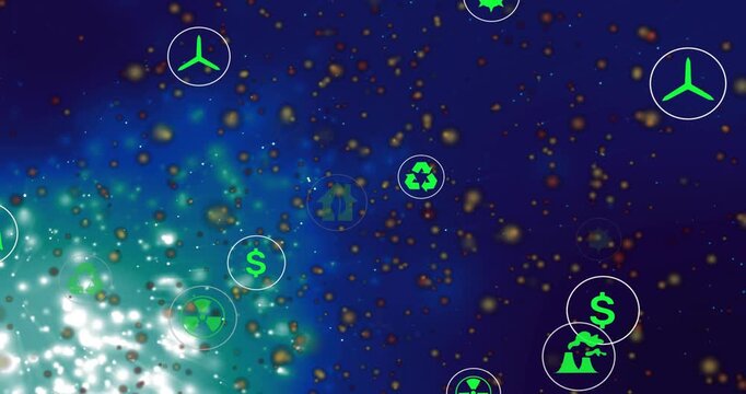 Turquoise burst igniting eco icons drifting right separating rotating and settling into network