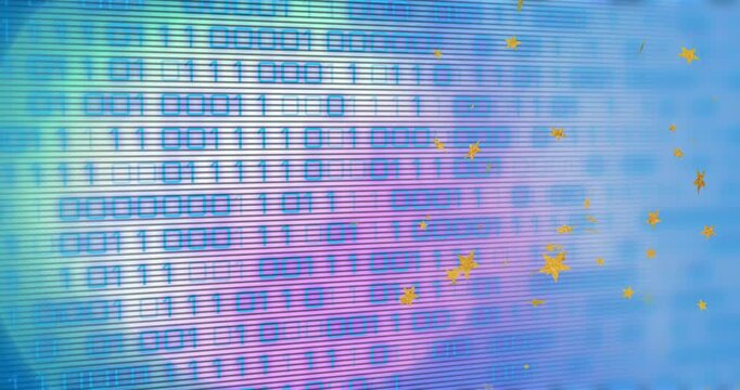 Left pan starting, screen shifting, binary rows shimmering, yellow stars drifting, visualizing flow