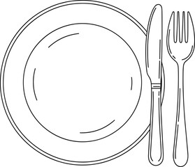 Simple line drawing, plate, knife, fork, dining etiquette, table setting, culinary art, black outline, minimal style, vector illustration, restaurant icon, kitchen graphic, 