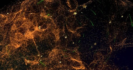 On pulse orange cloud evolving, drifting right, releasing stars showing nebula spread - Powered by Adobe