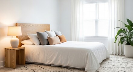 Obraz premium Minimalist bedroom interior features a bright wooden headboard and neutral toned bedding near a sunlit window