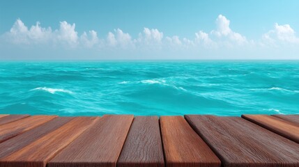 Fototapeta premium Serene Ocean View from Wooden Deck Under Bright Blue Sky with White Clouds and Calm Waves of Turquoise Water in the Background