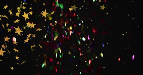 Metallic confetti and gold stars falling from above, rotating and flashing, celebrating reveal - Powered by Adobe