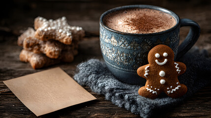 A gingerbread man and cookies are in a mug of hot chocolate on a dark wooden table. There is an empty space for writing.