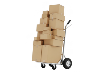Stacked cardboard boxes on cart isolated on transparent background