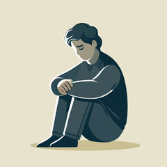 A sad man is sitting with his head bowed in a flat illustration