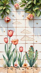 Gardenthemed Pastel Sketch with Tulips Cactus and Cloud Motifs