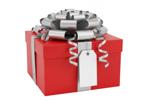 Red gift box with silver bow isolated on transparent background