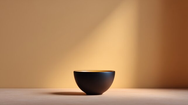 Elegant black bowl on a wooden surface illuminated by soft natural light against a warm amber-orange wall highlighting the simplicity of modern design - Powered by Adobe